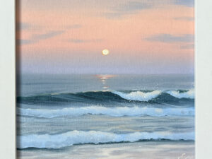 Moon Over The Ocean- Original Seascape Painting, oil on canvas 8x8", framed (2024)