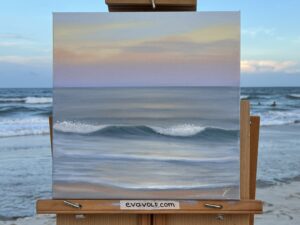 Cotton Candy Clouds - Original Seascape Painting, oil on canvas 12x12" (2024)